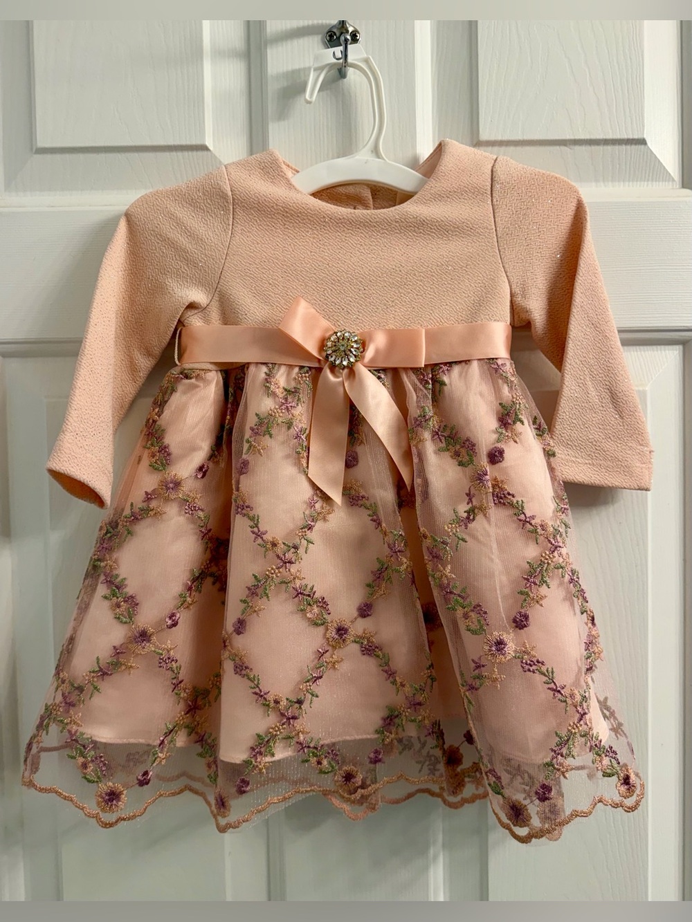 Rare Editions Blush Peach Embroidered Floral Satin-Bow Dress